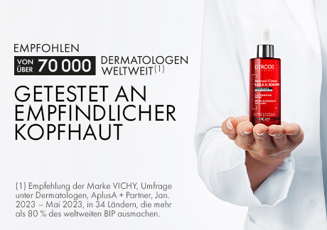 Person hält Serumfläschchen. Text: Empfohlen von über 70.000 Dermatologen weltweit. Getestet an empfindlicher Kopfhaut.